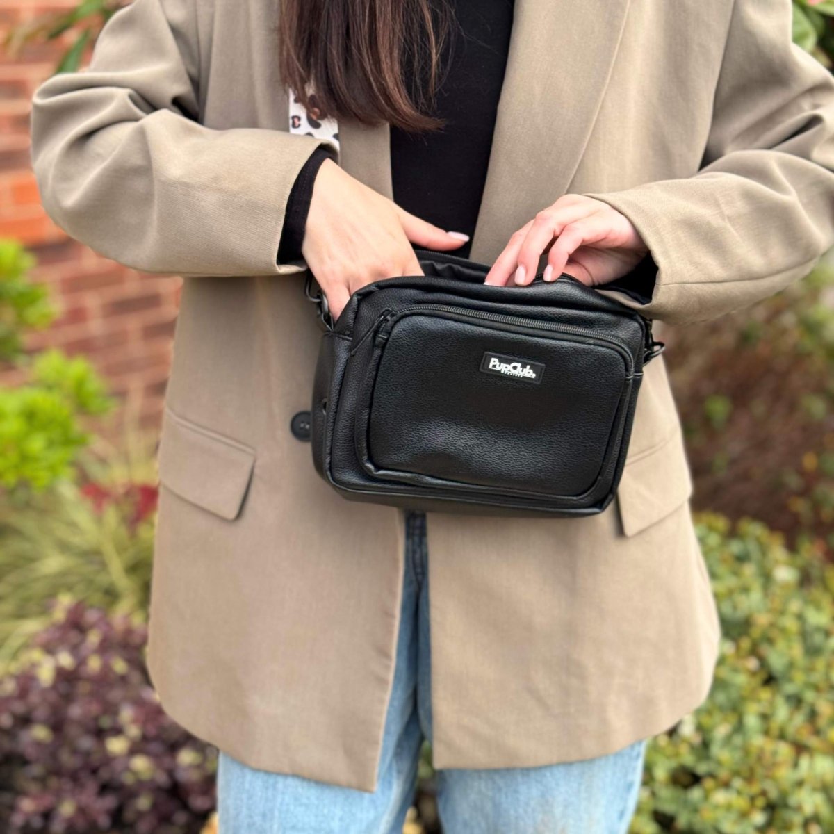 crossbody dog walking bag - black vegan leather - Pupclub Couture